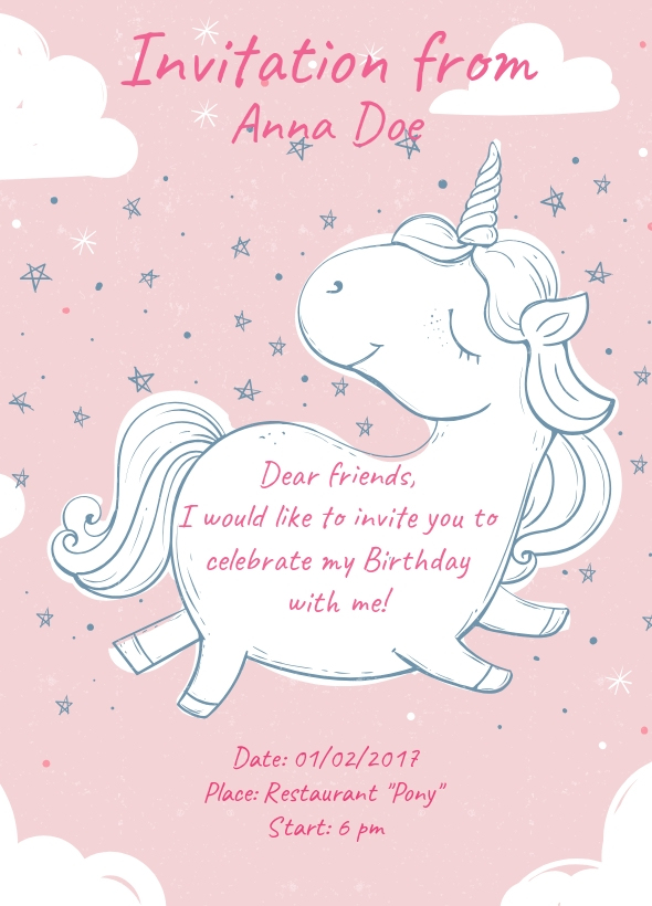 Girl's Birthday party invitation template with a unicorn on pink background