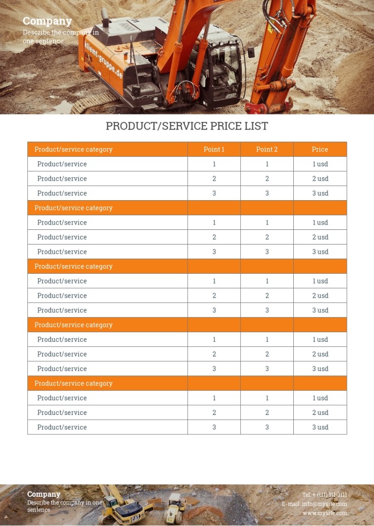 Construction price list sample