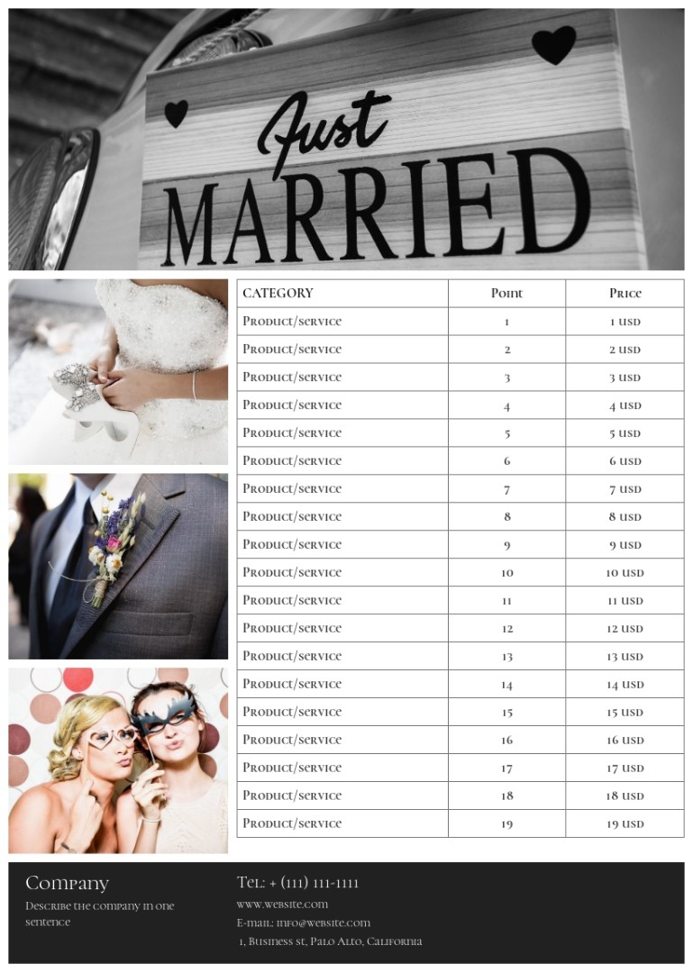 Wedding photographer price list sample