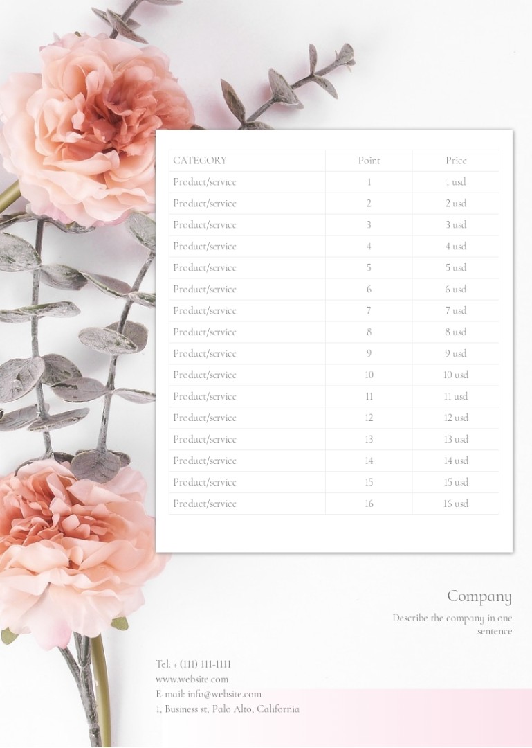 Wedding photography price list, quote sample